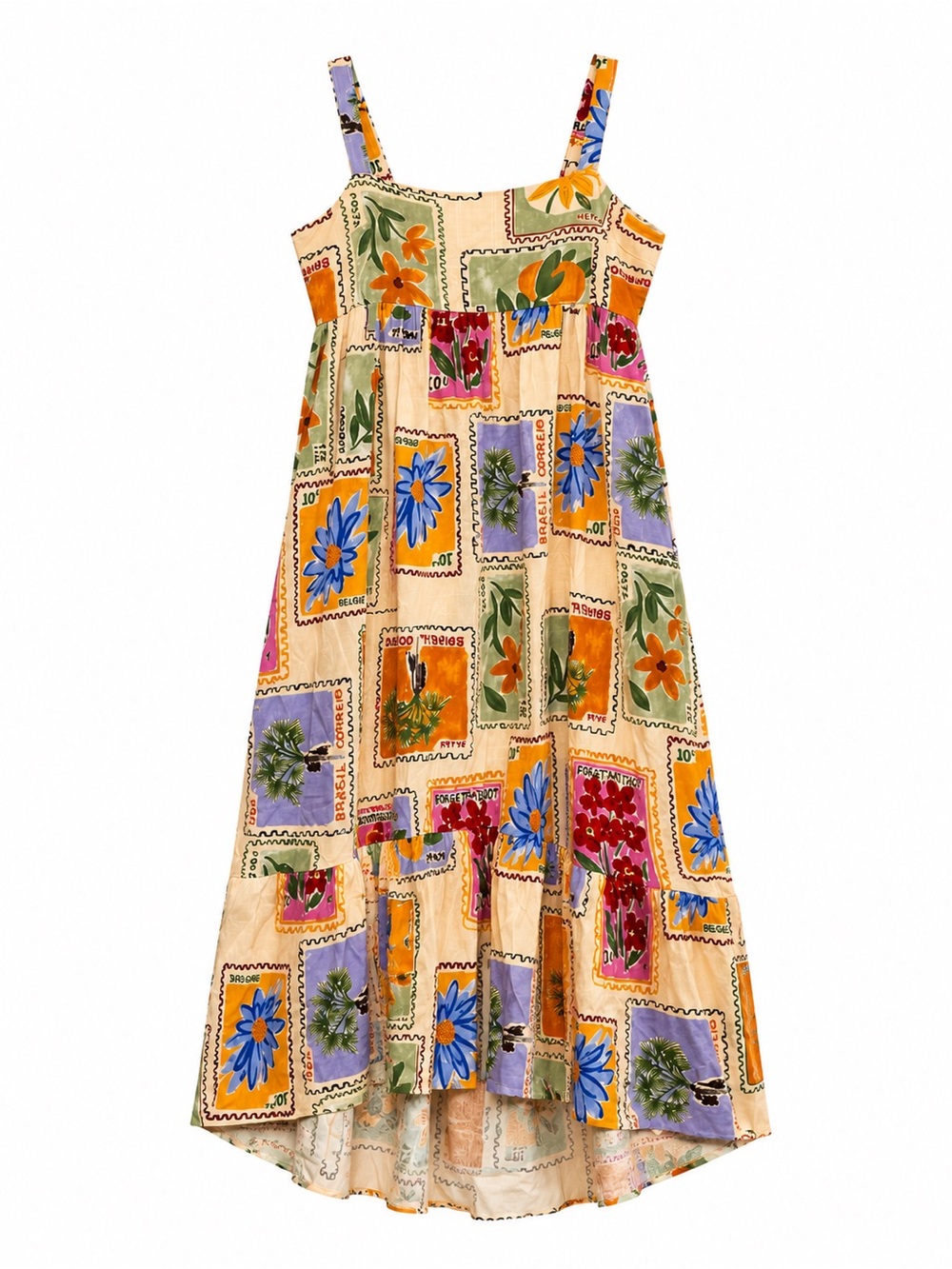 Paper Heart Floral Stamp Postcard Linen Blend Maxi Dress Womens L Sleeveless